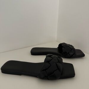 Open Edit Elegant Black Woven Slide Sandals